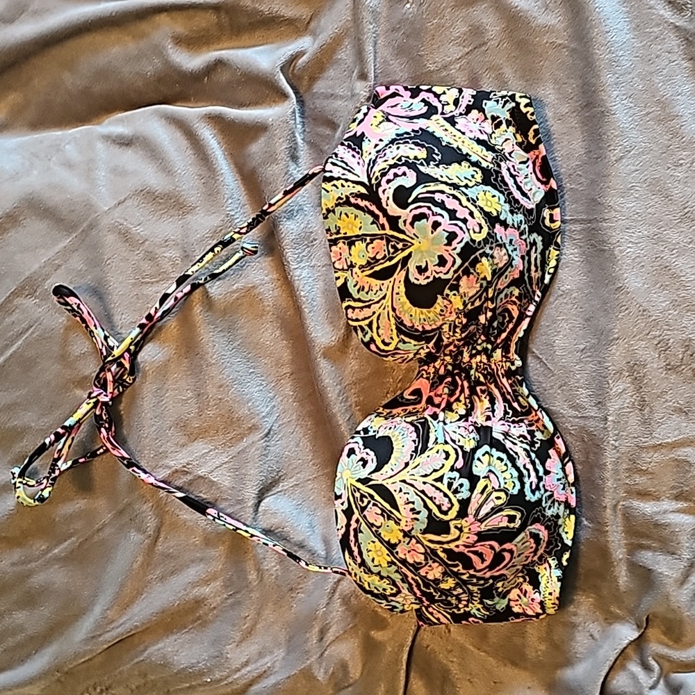 Paisley neon lined underwire strapless convertible swim bikini top